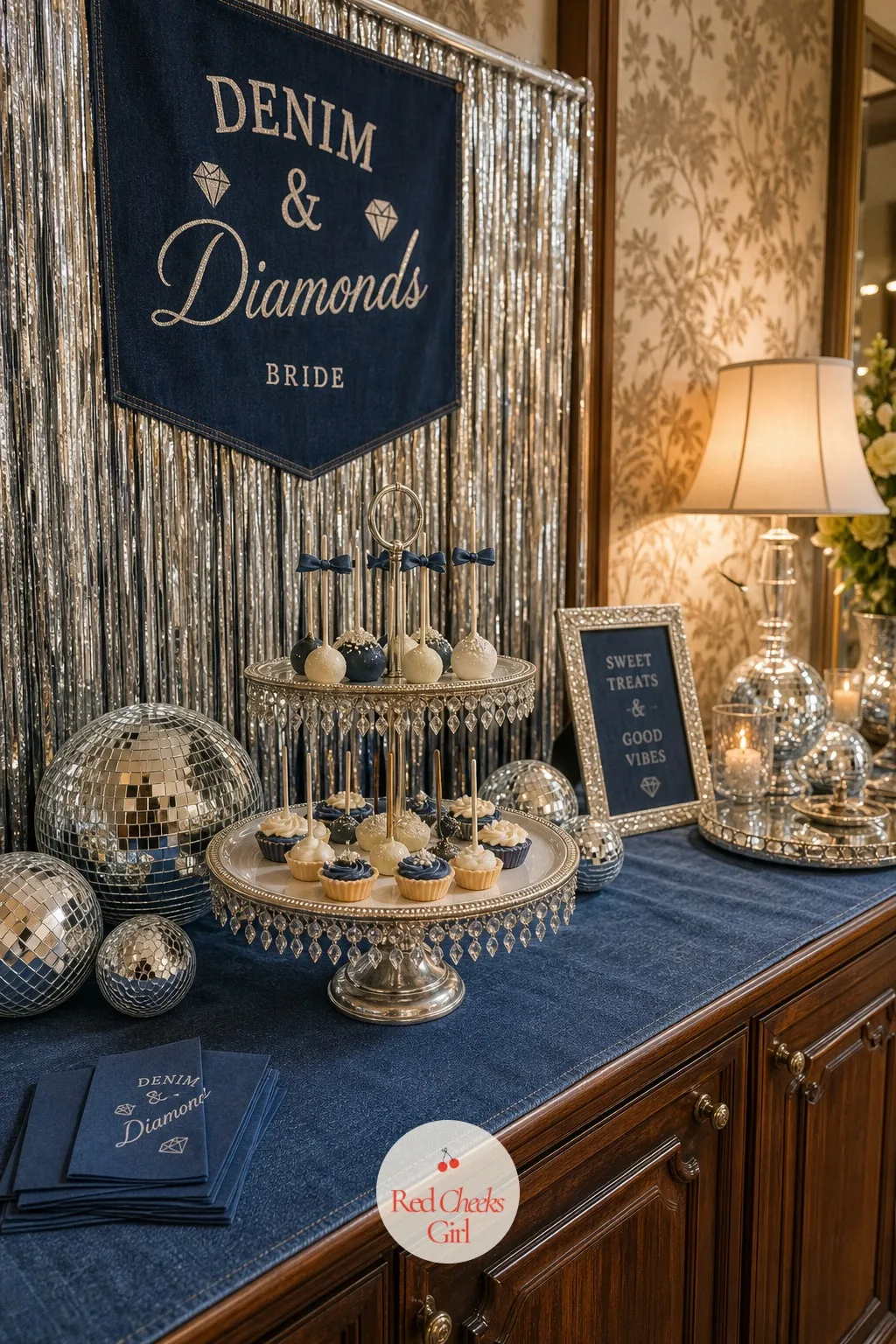 The Dessert Table — Beyond the cake itself, a small spread of extra sweets keeps the table from looking thin once a few slices disappear. Denim and diamonds