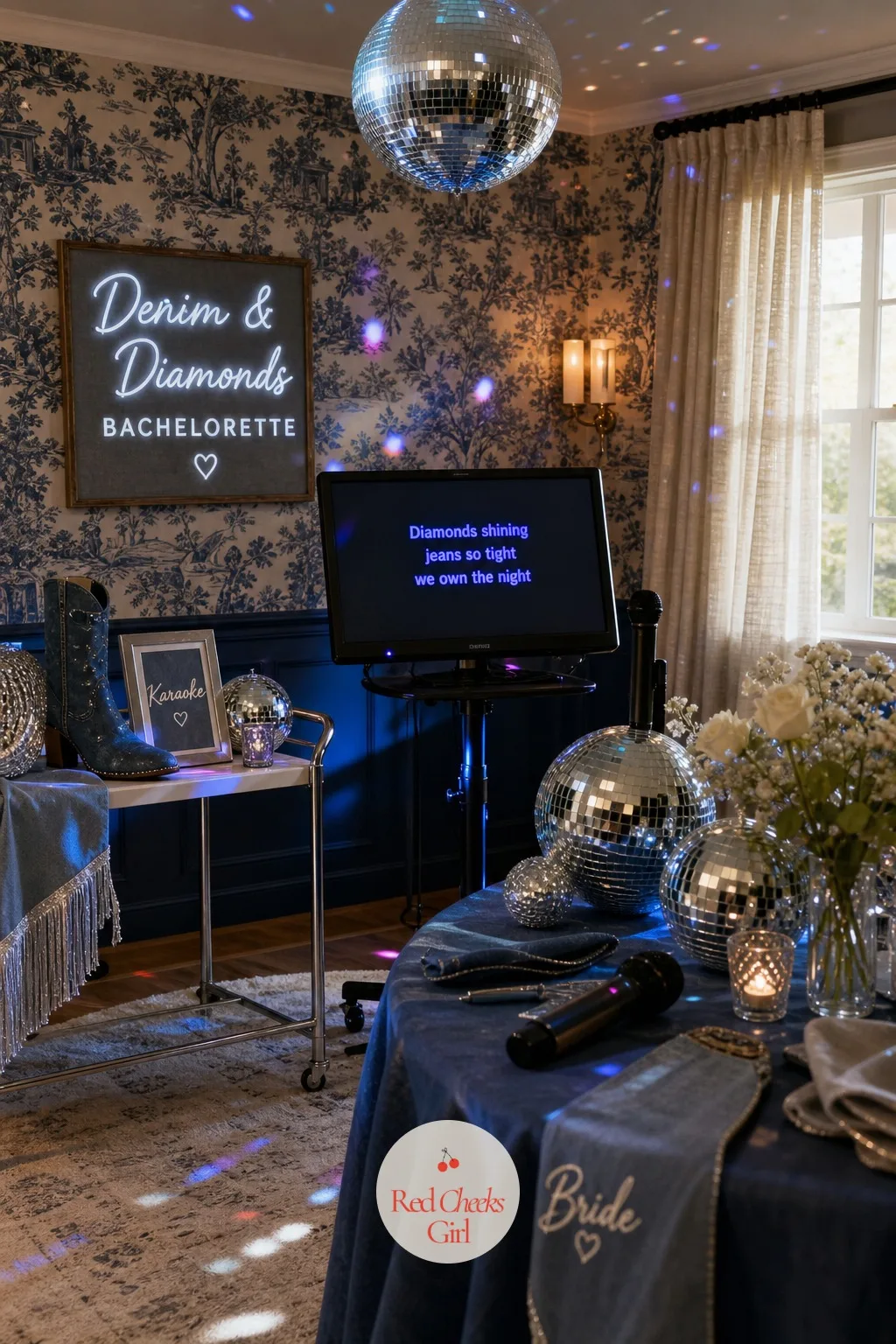 Karaoke and Dance Floor — Once the structured games wind down, the night needs somewhere to land, and a small karaoke setup under the disco ball keeps the