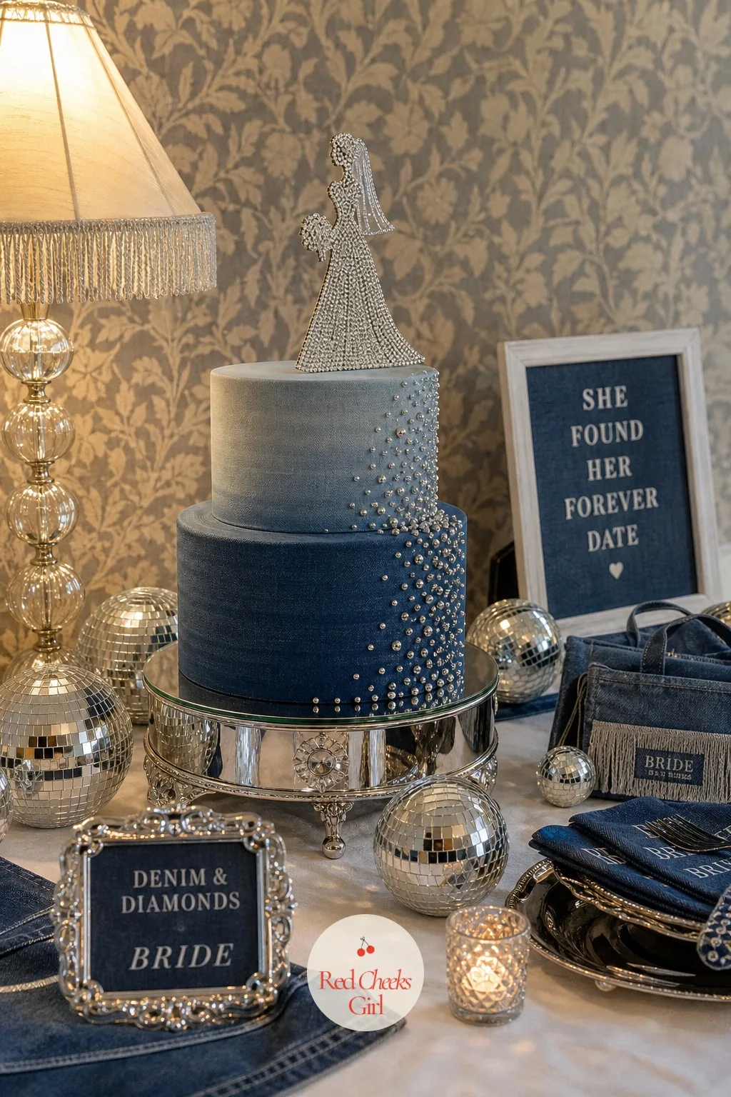 The Rhinestone Cake — The cake stands on its own small table, the centerpiece of the dessert spread, two tiers in denim blue ombre fading to white, a cake