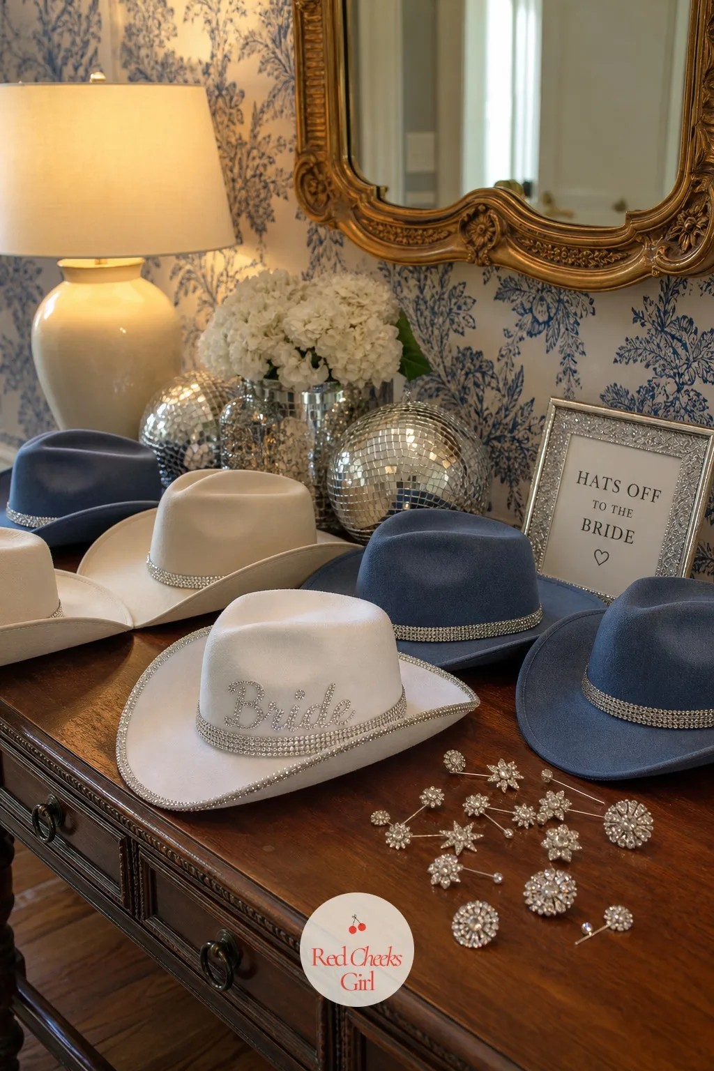 Rhinestone Cowgirl Hats — She might say a hat feels like a costume, but set out on a dressed table it looks like the start of the night, not a gag gift. Denim
