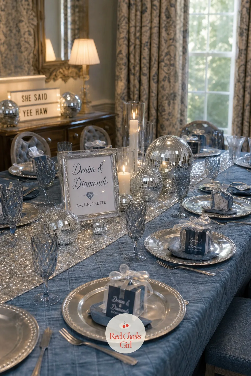 Silver Tablescape — Under all that sparkle, the table itself needs a base that holds the whole look together. Denim and diamonds bachelorette party