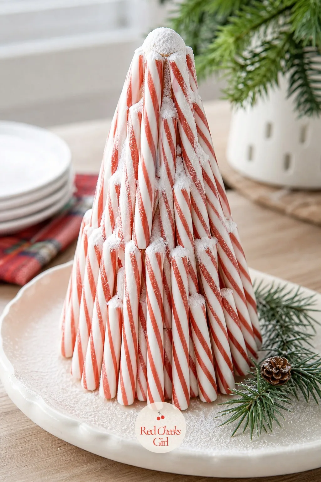Candy Cane Tree Board — A heap of loose candy canes looks like it fell out of a stocking, not like a centerpiece. Dessert charcuterie board christmas