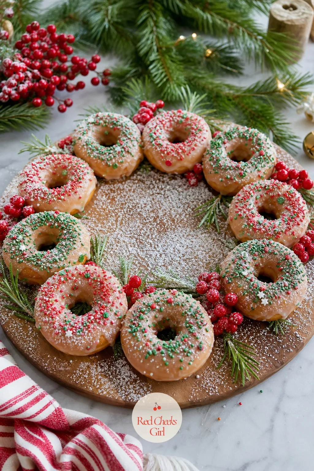 Donut Wreath Board — A piped icing wreath takes a steady hand she may not have at seven in the morning. Dessert charcuterie board christmas