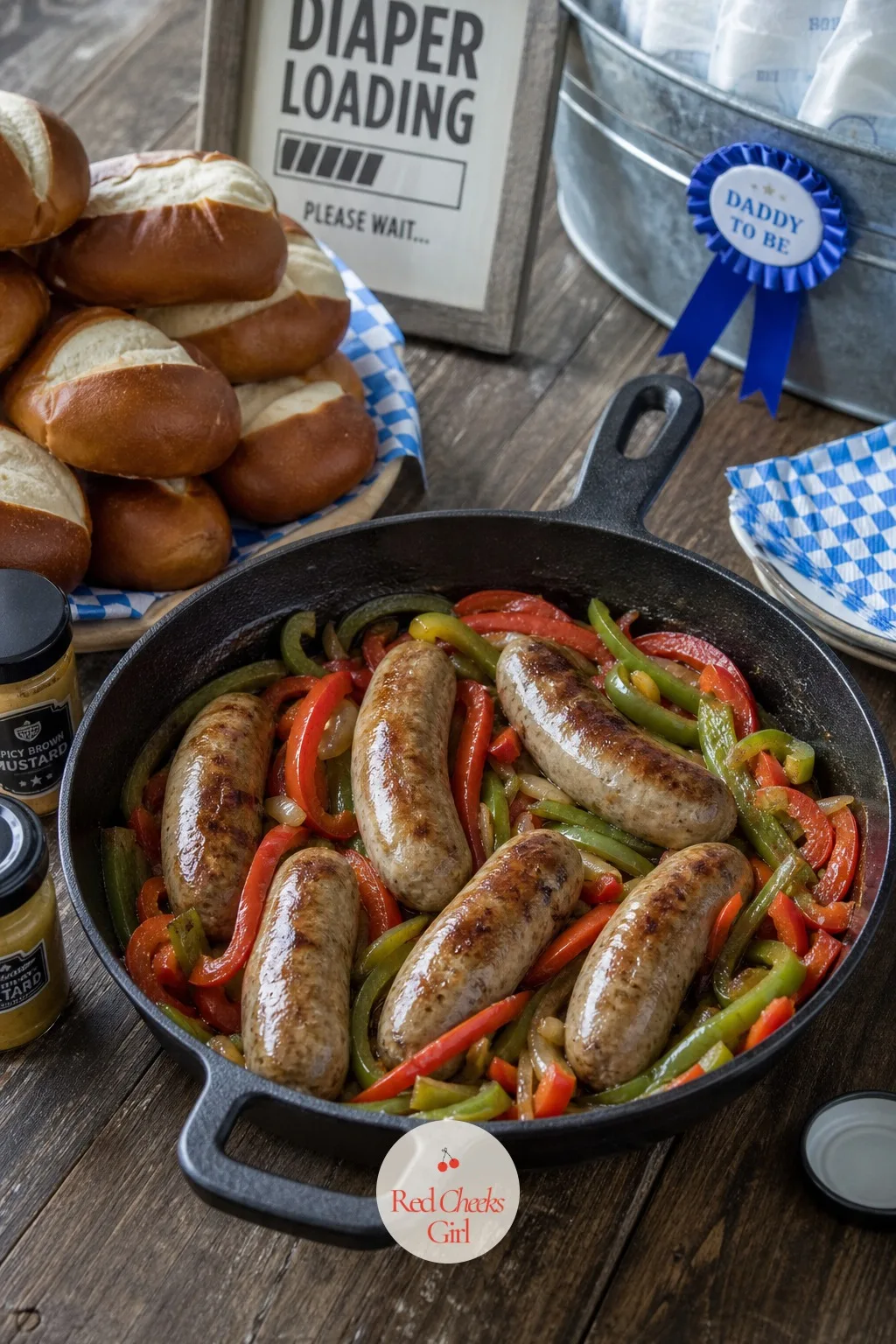 A Bratwurst and Pepper Skillet — A cast iron skillet full of sausages and peppers looks like it belongs at this party in a way a tray of cut vegetables never