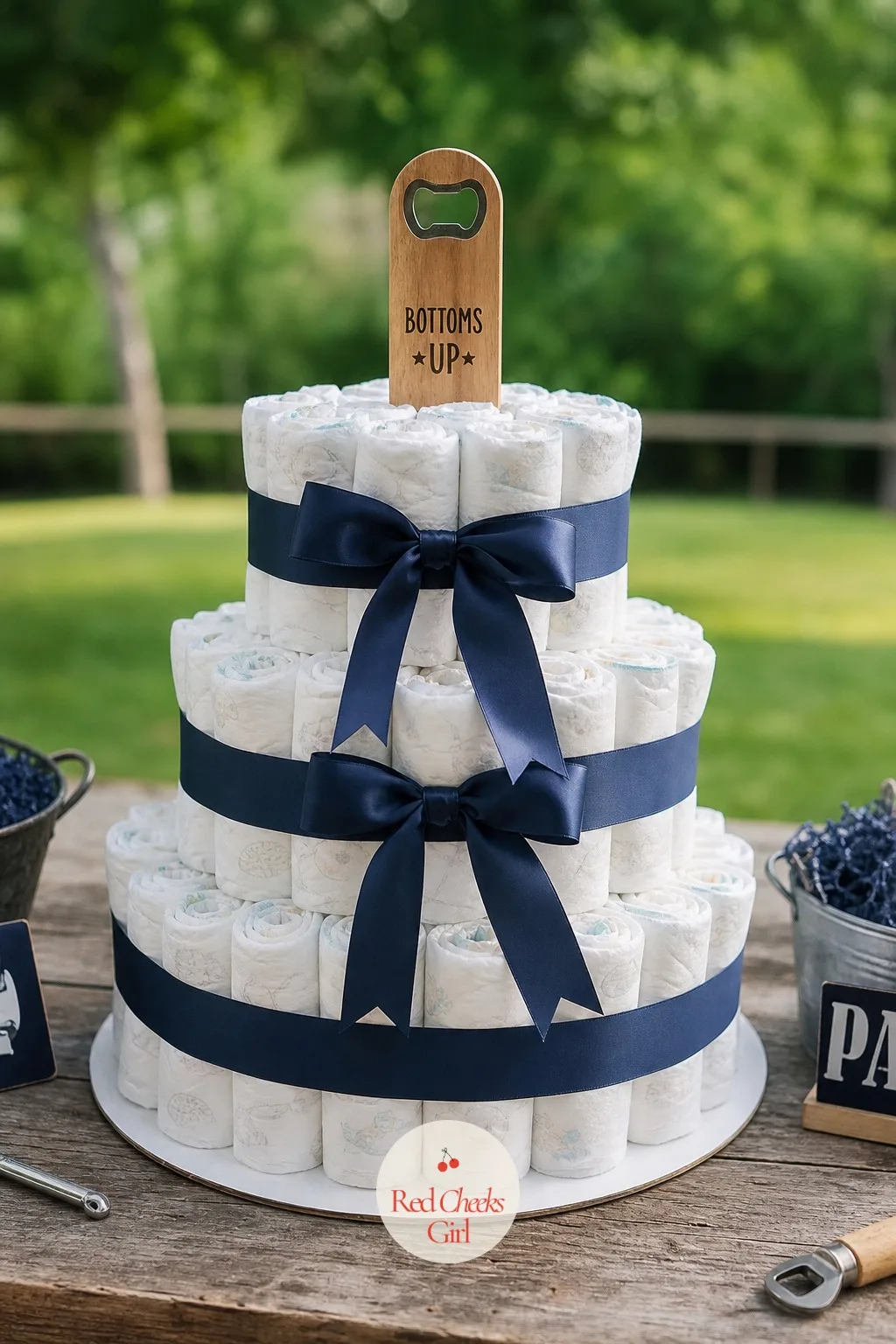 The Diaper Tower Centerpiece — She would say a tower of diapers sounds like a craft project nobody has time for. Diaper party ideas for men