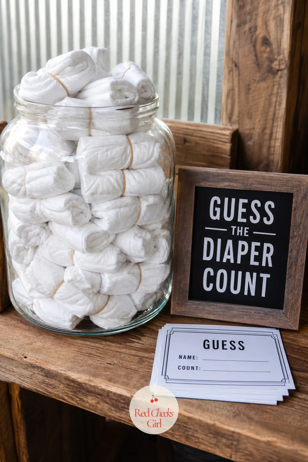 Guess the Diaper Count Jar — A giant glass jar packed with tightly rolled diapers works as both decoration and a game, and it costs nothing beyond diapers you