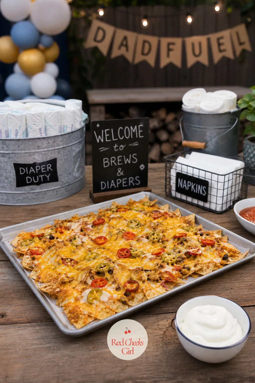 A Loaded Nacho Bar — One sheet pan of nachos covers more ground than it should, and it photographs better than almost anything else on the food table, all
