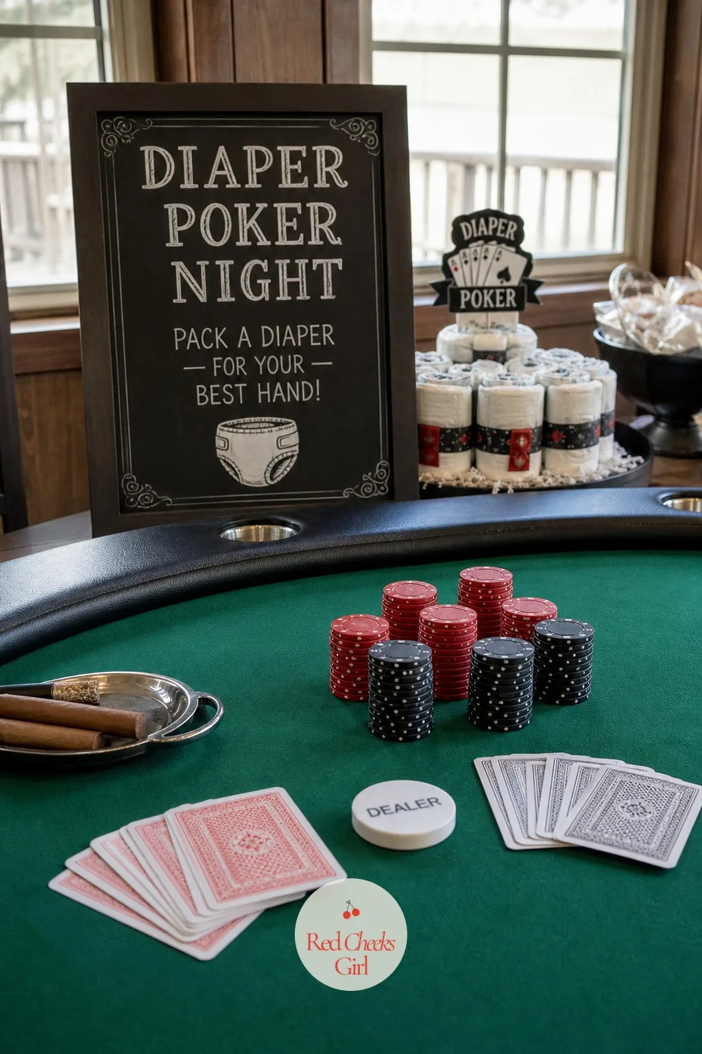 The Poker Night Version — For a quieter crowd, or a dad who would rather sit than run relay races, build the whole party around a card table instead of a lawn.
