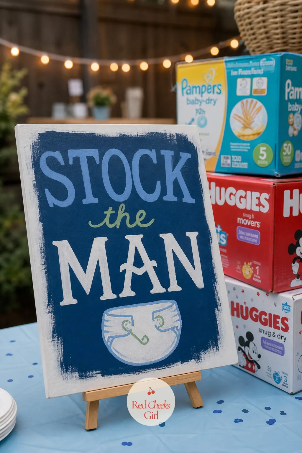 The 'Stock the Man' Sign — Somebody always shows up unsure whether this is really a diapers-only situation, so a sign at the entry table clears that up before