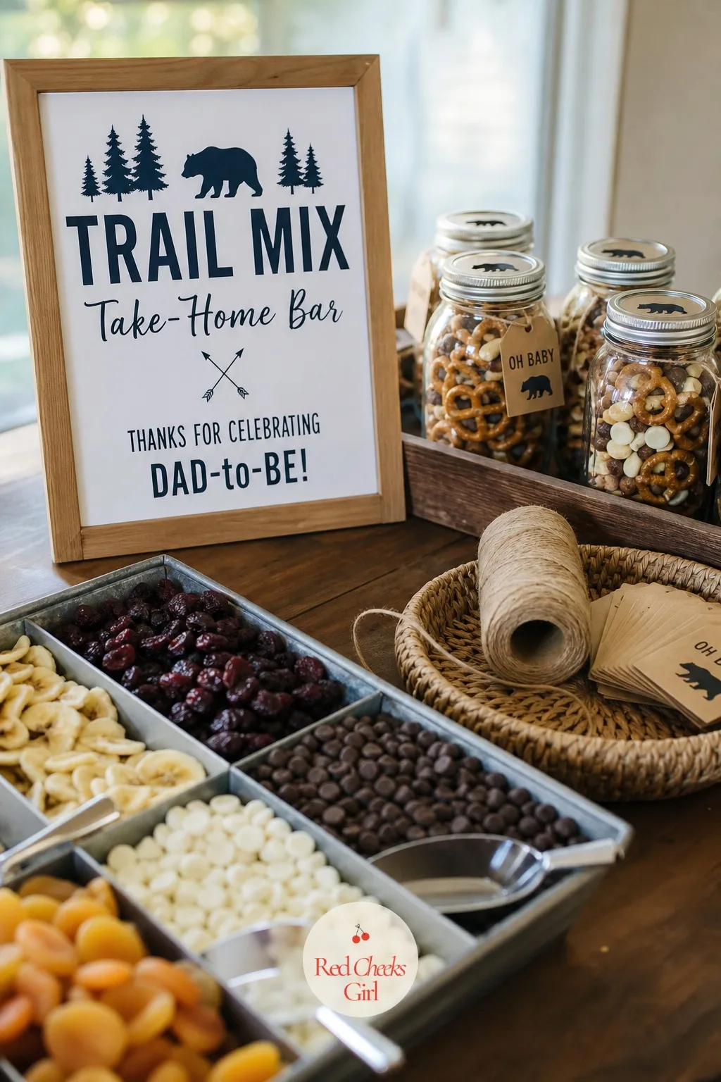 A Trail Mix Take-Home Bar — Guests leave a diaper party with their hands already full of leftover wings, so the take-home favor has to be small enough to fit