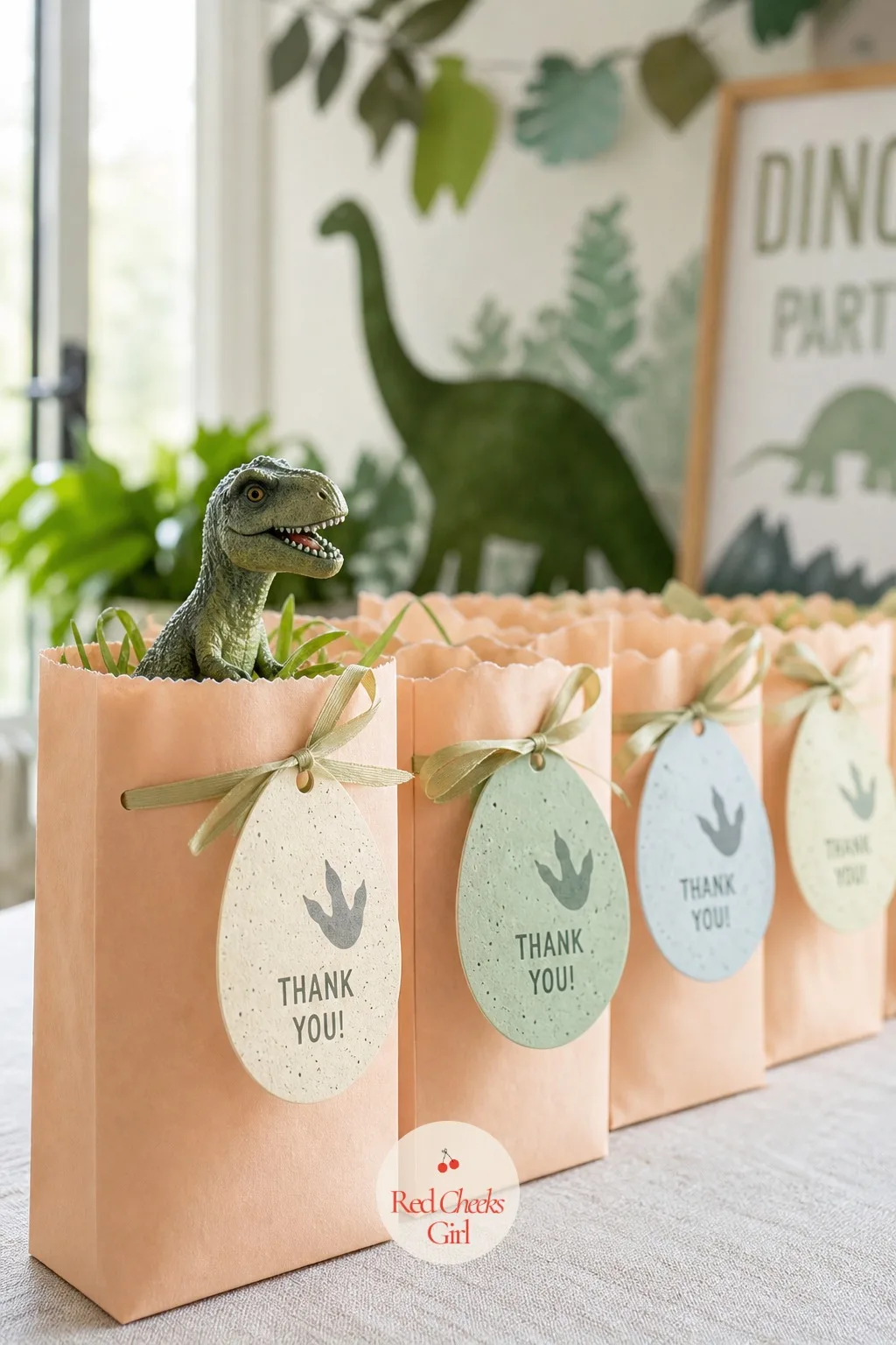 Mini Dinosaur Favor Bags With Egg Tags — A goodie bag full of random sweets gets forgotten by the car ride home, but one with a small dinosaur inside tends to
