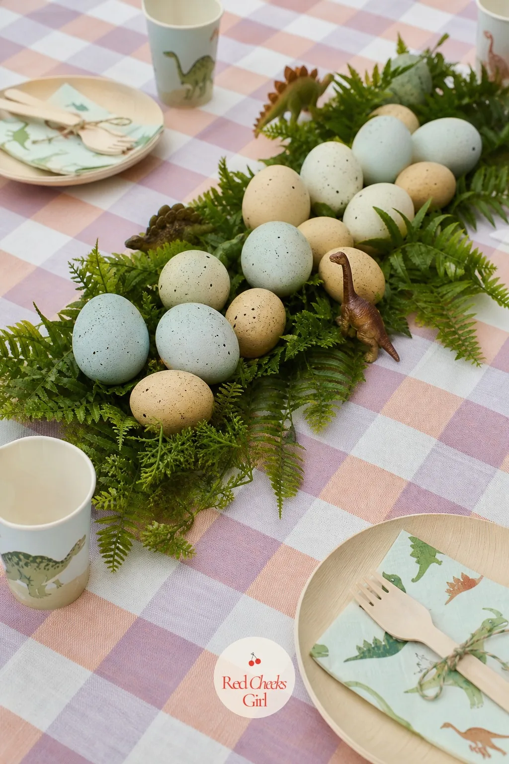 Pastel Check Tablecloth With Egg Centerpieces — A plain white tablecloth does nothing for a party with this much personality going on around it. Dinosaur