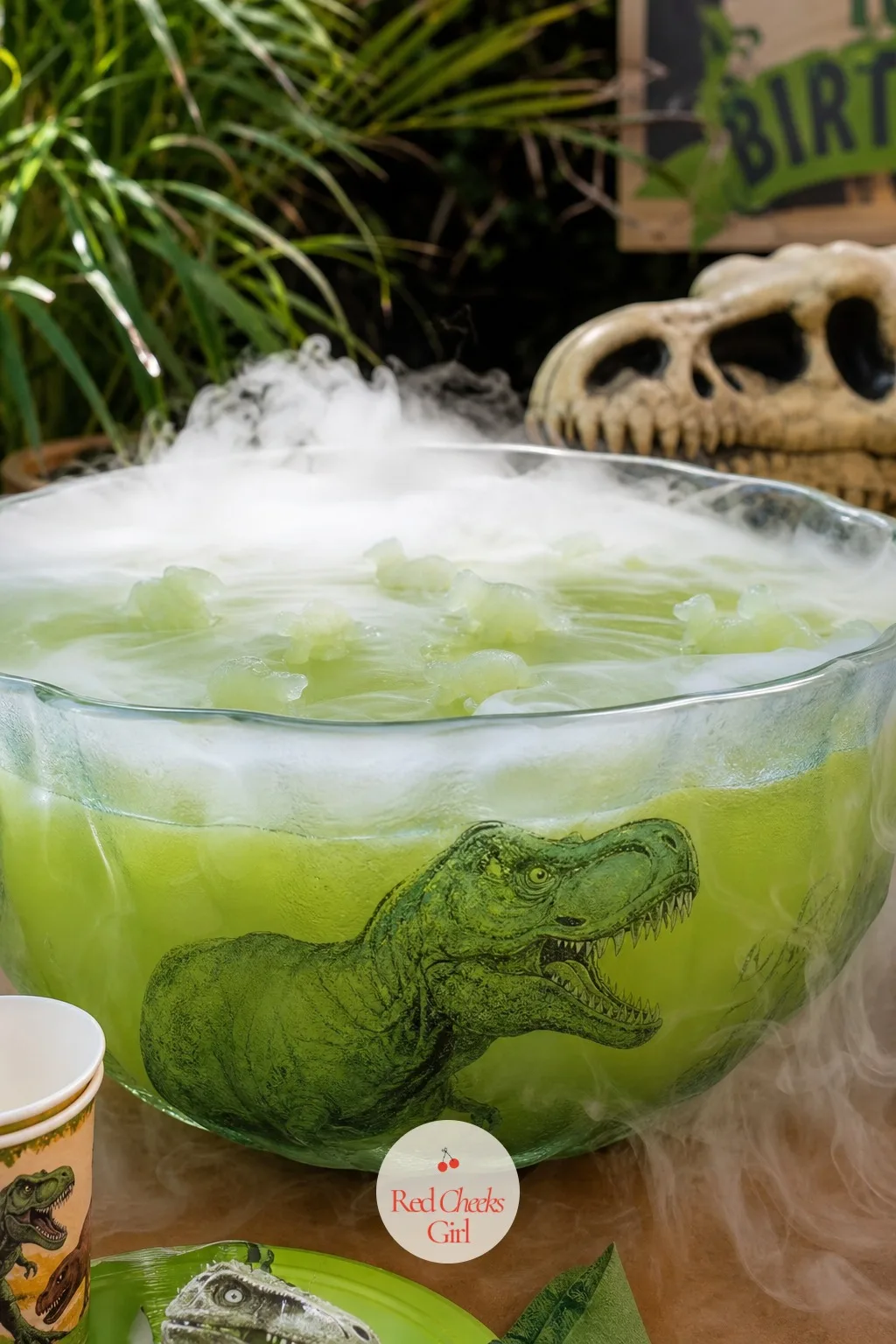 T-Rex Punch Bowl With Dry Ice Fog — A jug of juice on the table does the job quietly, but a bowl that fogs the moment the cake comes out does something closer