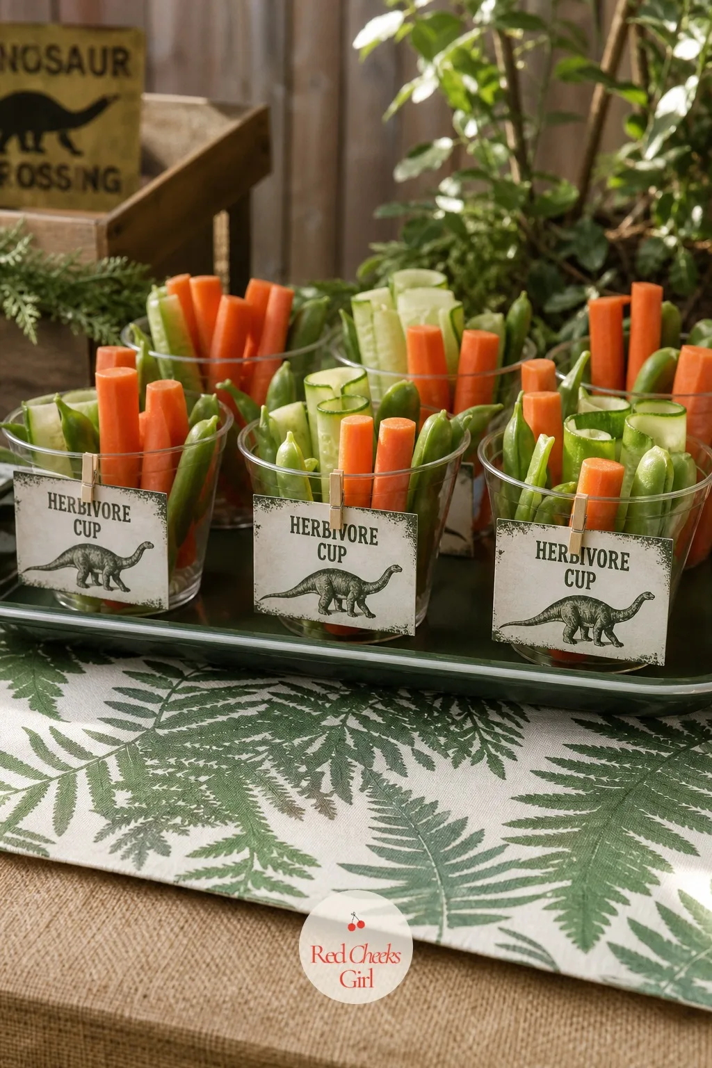 Veggie Cups Labeled For The Herbivores — Not every dinosaur eats meat, and a cup of raw vegetables earns its place at the table once it gets a proper label