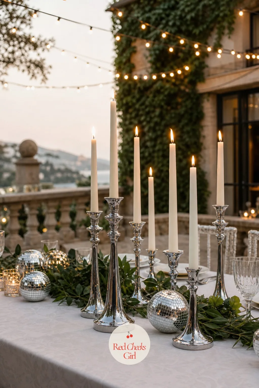 Chrome Candlesticks — Down the length of an outdoor table, polished chrome candlesticks stand at staggered heights among the florals, their metal catching the