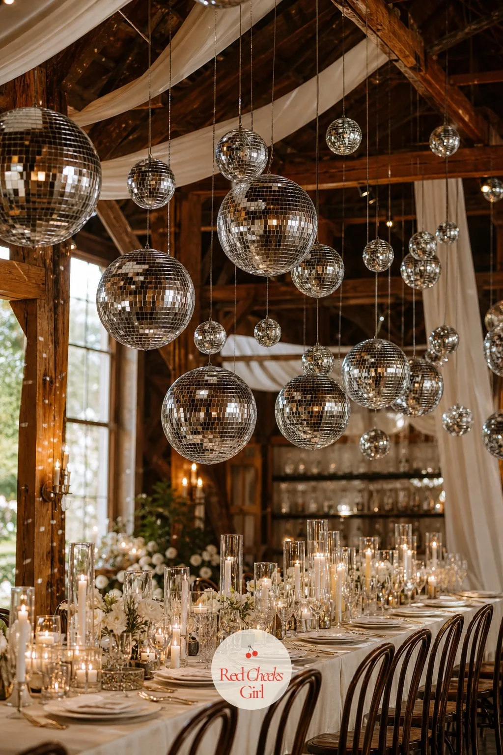 Clustered Disco Balls Hung Like a Mobile — Instead of one ball, imagine a dozen, all different sizes, drifting at slightly different heights over the same