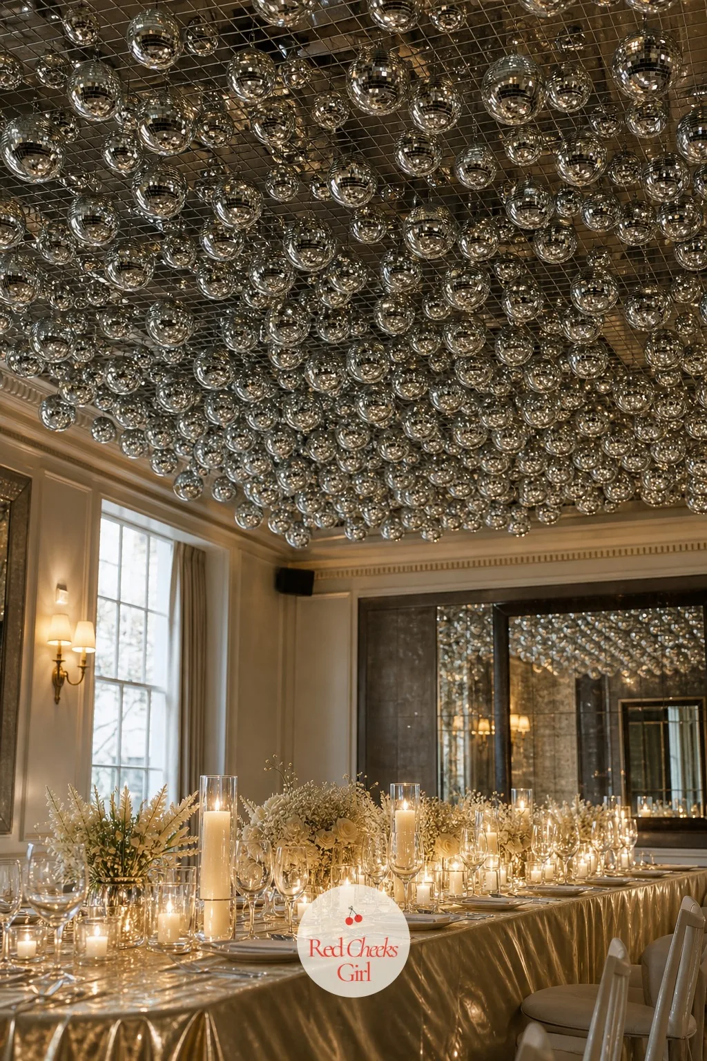 Disco Ball Ceiling Installation — This is the full commitment version: not one ball, not a cluster, but the whole ceiling given over to mirrored panels or a