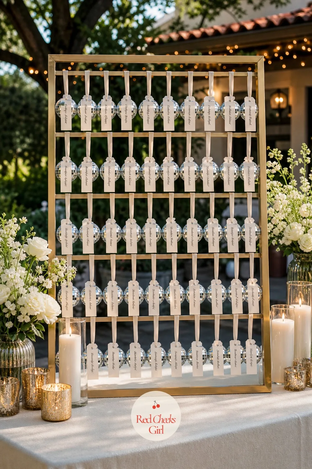 Disco Ball Escort Card Display — At the entrance, instead of a flat seating chart, each guest's name hangs from its own small mirror ball arranged across a