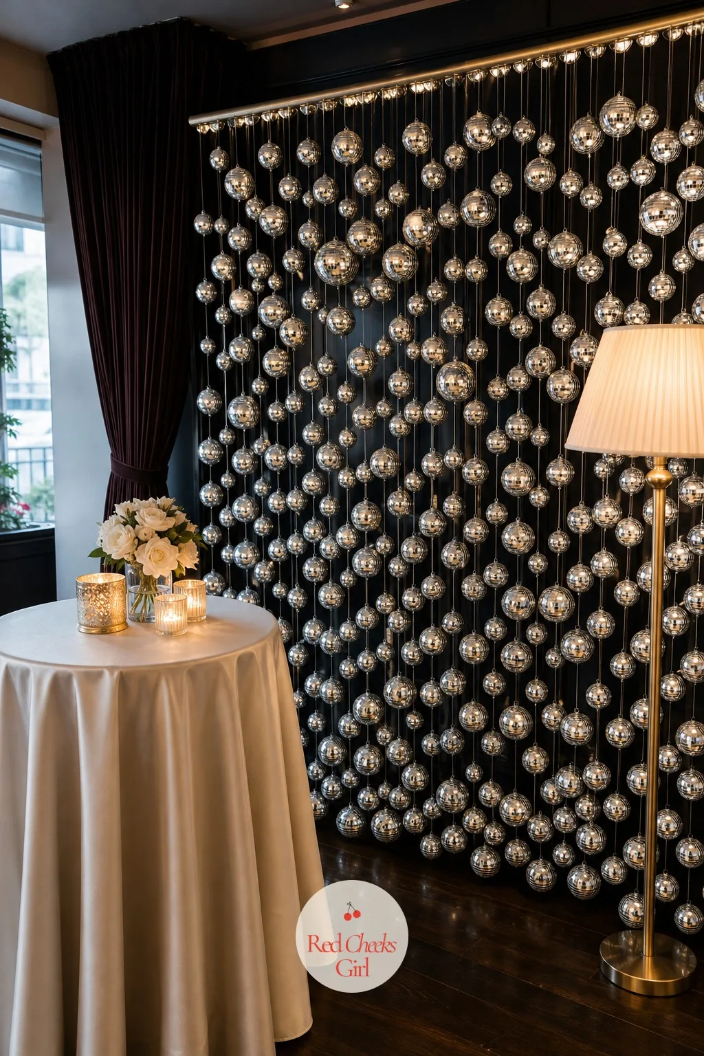 Disco Ball Photo Backdrop Wall — In one corner, a whole wall is given over to hundreds of tiny mirror ball ornaments hung close together, so a couple standing