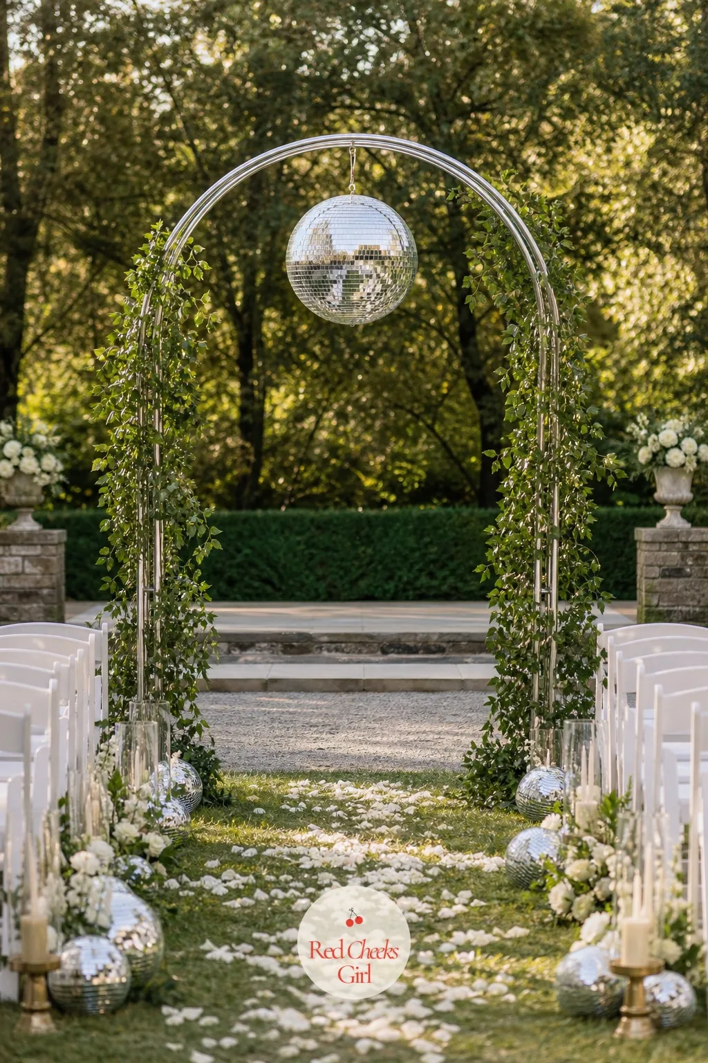 Disco Ball Wedding Arch Over the Altar — Instead of the usual floral arch, a single mirror ball hangs at the center point of a bare wooden or metal frame, so