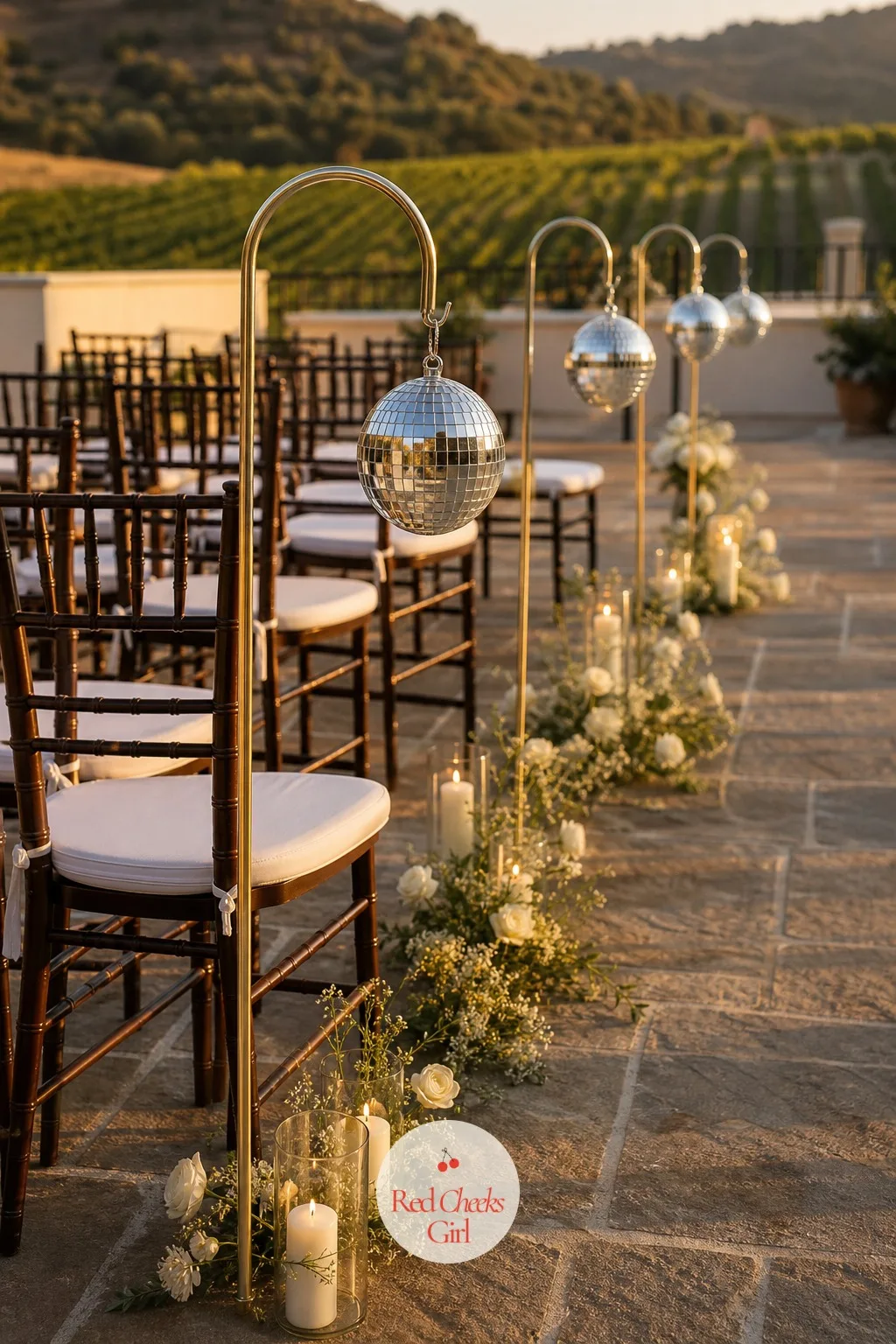 Disco Balls Lighting the Aisle — Rather than the usual lanterns, small mirror balls in varying sizes hang from shepherd's hooks along either side of the aisle