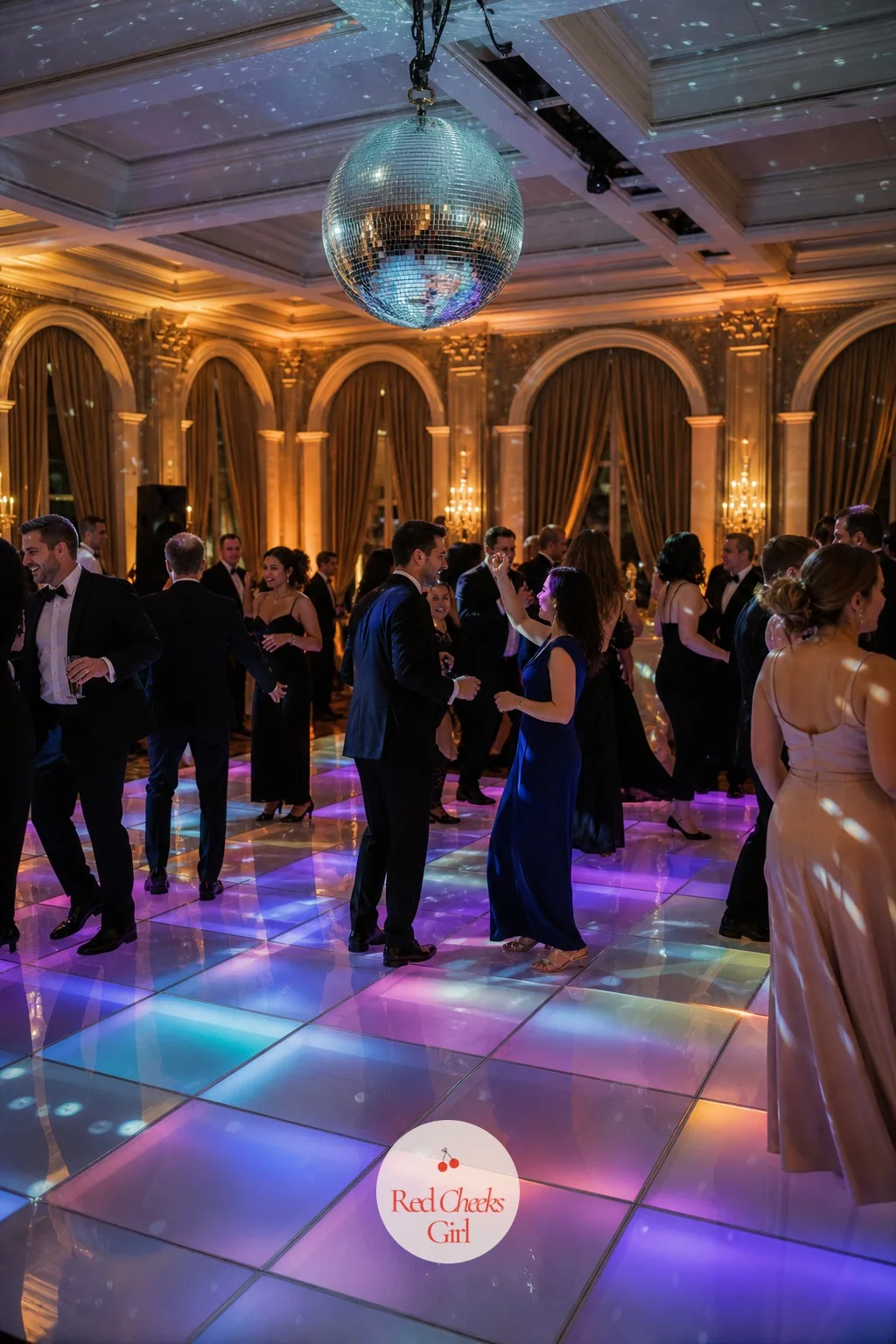 Light-Up Dance Floor — Underfoot, the whole dance floor itself glows in slow shifting color, so the mirror ball overhead has a second light source to bounce