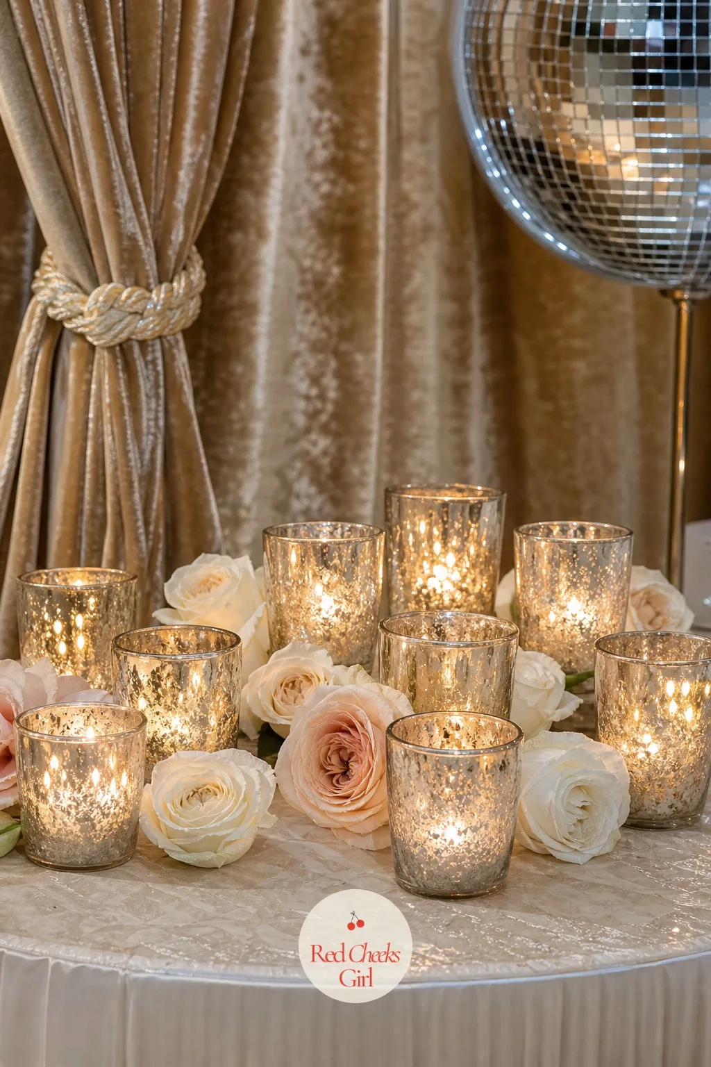 Mercury Glass Votives — Clustered at the sweetheart table, small mercury glass votive holders throw a softer, cloudier shine than a flat mirror, closer to