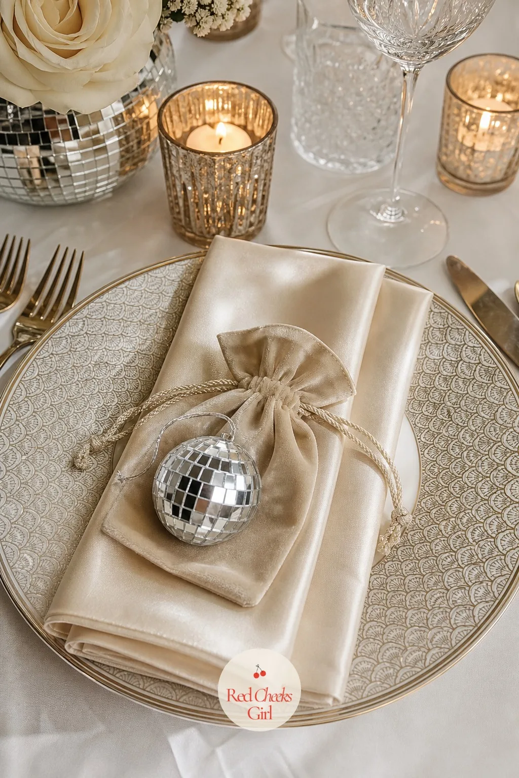 Mini Disco Ball Favors — Each place setting ends with a tiny mirror ball sitting in a small velvet pouch or box, small enough to drop straight into a clutch