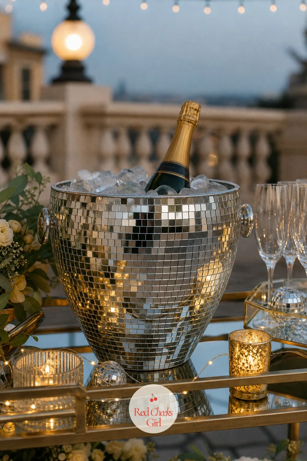 Mirror Ball Champagne Bucket — At the edge of the bar, the ice bucket itself is a hollowed mirror ball, cut and fitted to hold a chilled bottle so even the