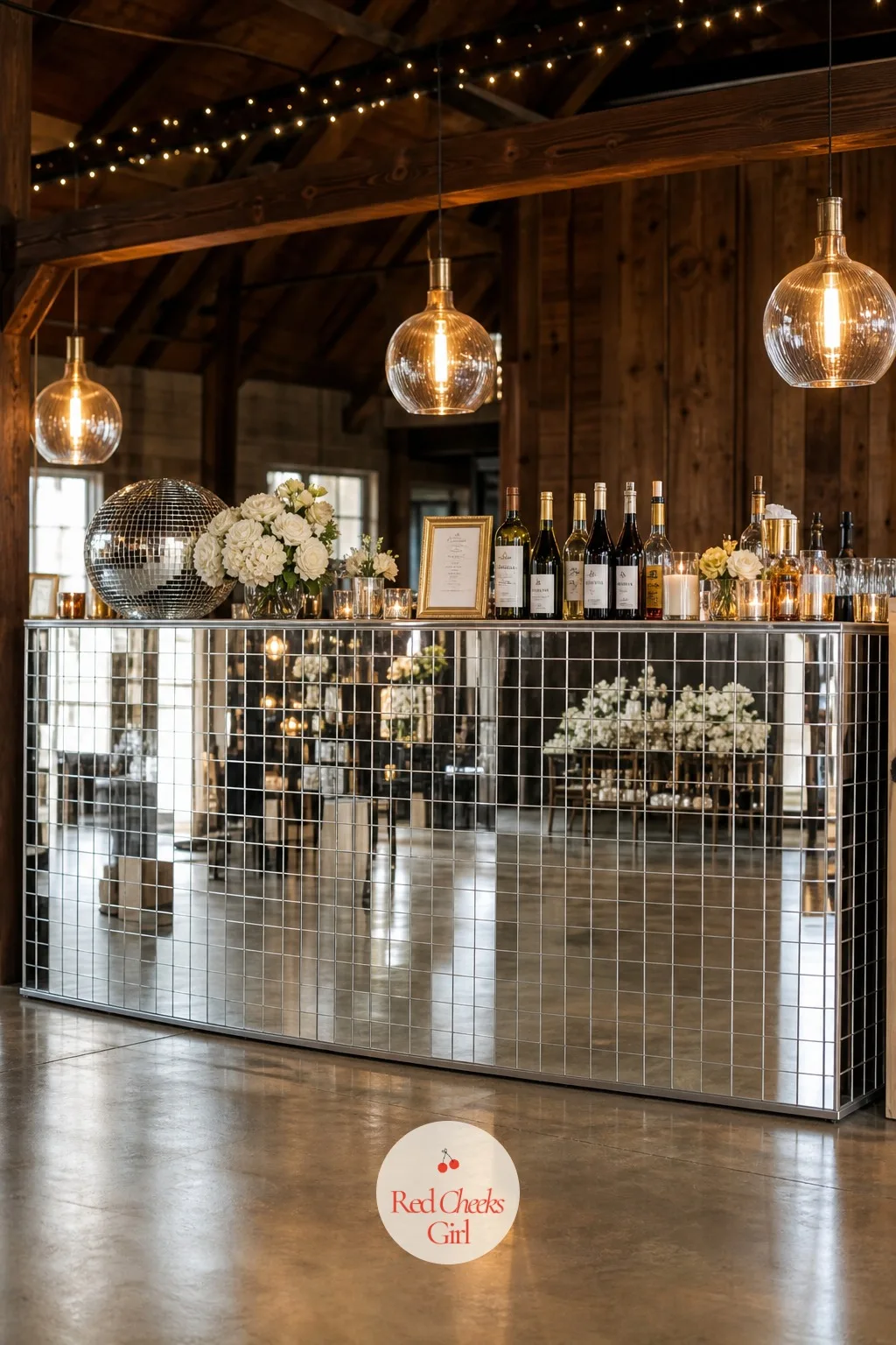 Mirrored Bar Front — Instead of a plain timber bar, the whole front panel is clad in small square mirror tiles, so every bottle and glass behind it doubles in