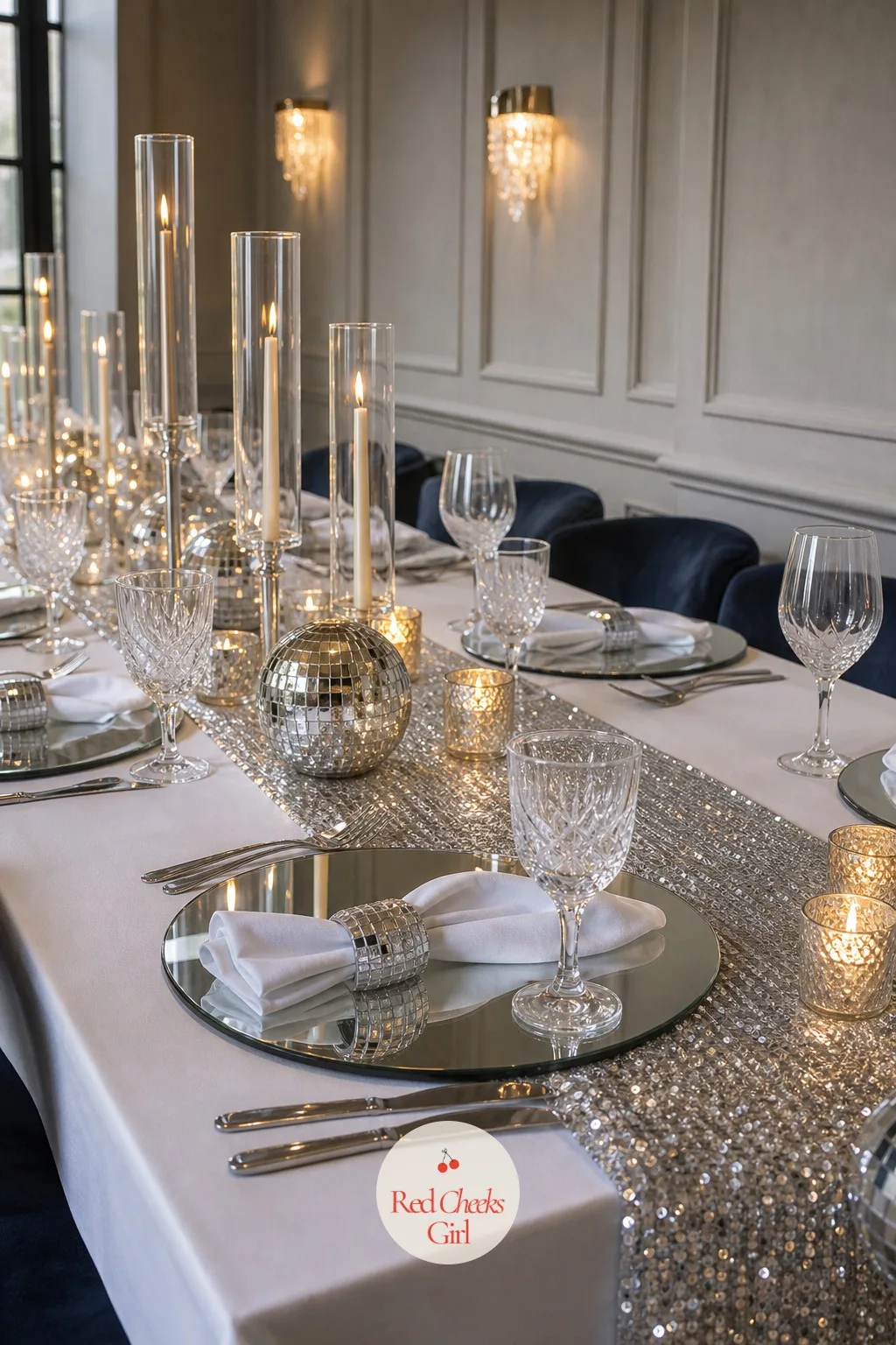 Mirrored Chargers With Sequin Runners — Each place setting sits on a round mirrored charger instead of the usual gold rim, and a sequin table runner down the