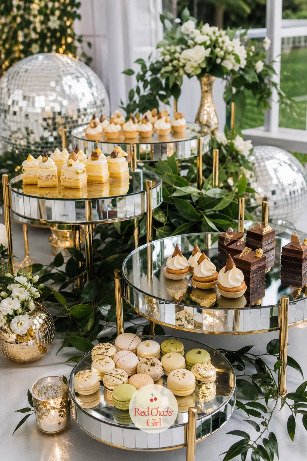 Mirrored Dessert Trays — Instead of plain white platters, every dessert on the table sits on its own mirrored tray, raised on a small acrylic riser, so even a