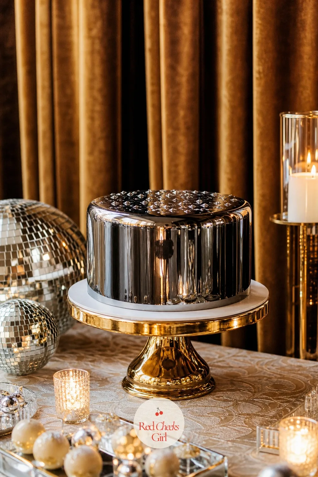 Mirror-Finish Cake — The cake itself skips fondant entirely for a mirror glaze finish, smooth and reflective enough to pick up the candlelight and the gold