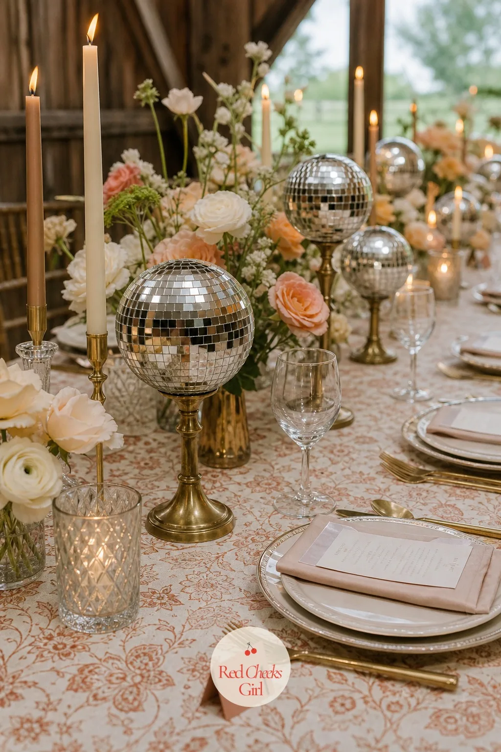 Small Disco Balls as Centerpieces — Down the center of a long feasting table, instead of tall floral arrangements, a scatter of small mirror balls sits
