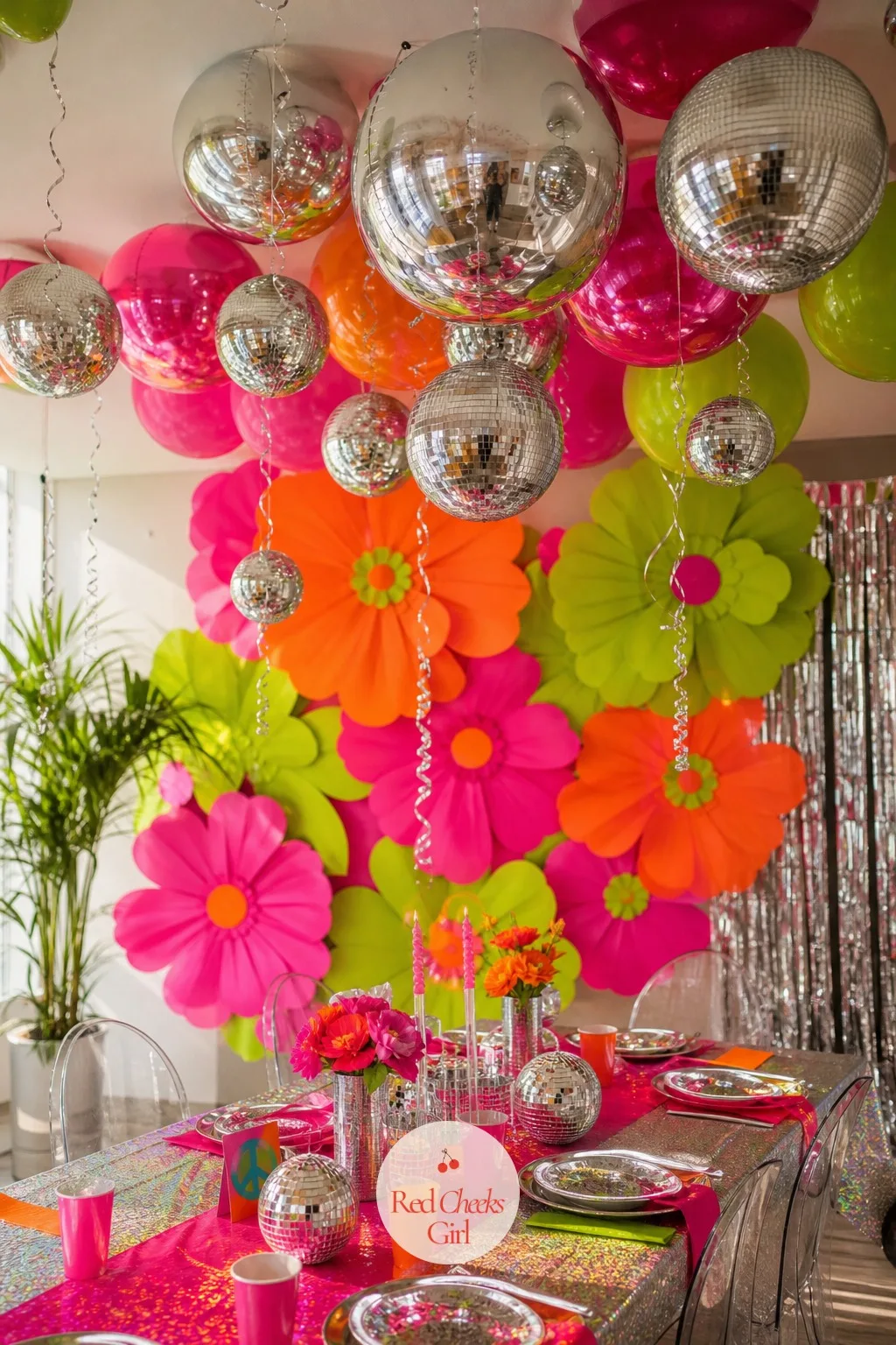 Ceiling Cluster of Chrome and Neon Balloons — Look up, and the ceiling should be doing as much work as the table. Disco themed birthday party
