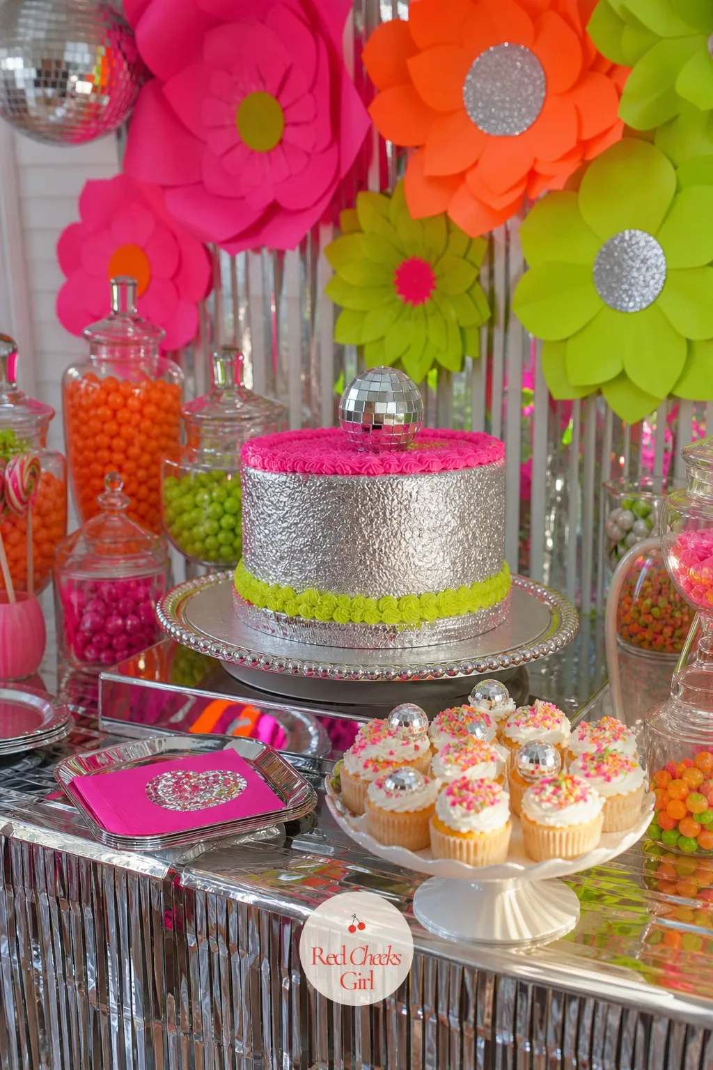 Dessert Table with Silver Tray Cake and Candy Jars — This is the table every phone in the room points at first. Disco themed birthday party