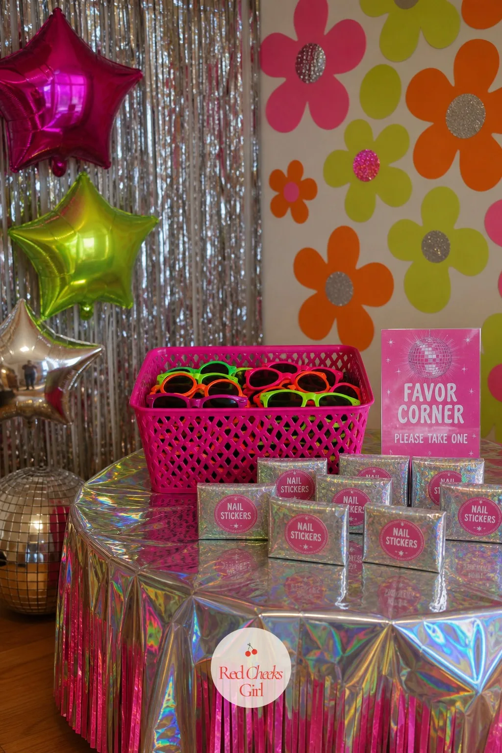 Favor Corner with Sunglasses and Nail Sticker Boxes — The last stop before the door should look just as considered as the first. Disco themed birthday party