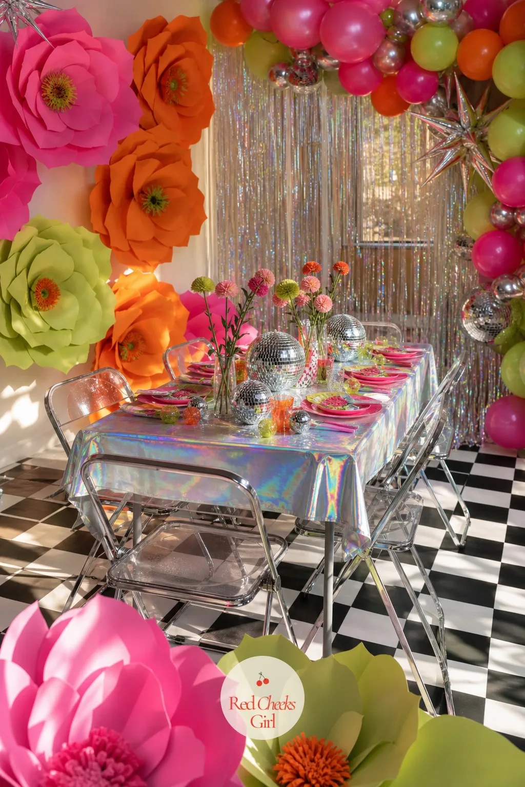Musical Flowers — Musical chairs needs chairs, and chairs are the one prop this party was never going to have lying around in the right colours. Disco themed