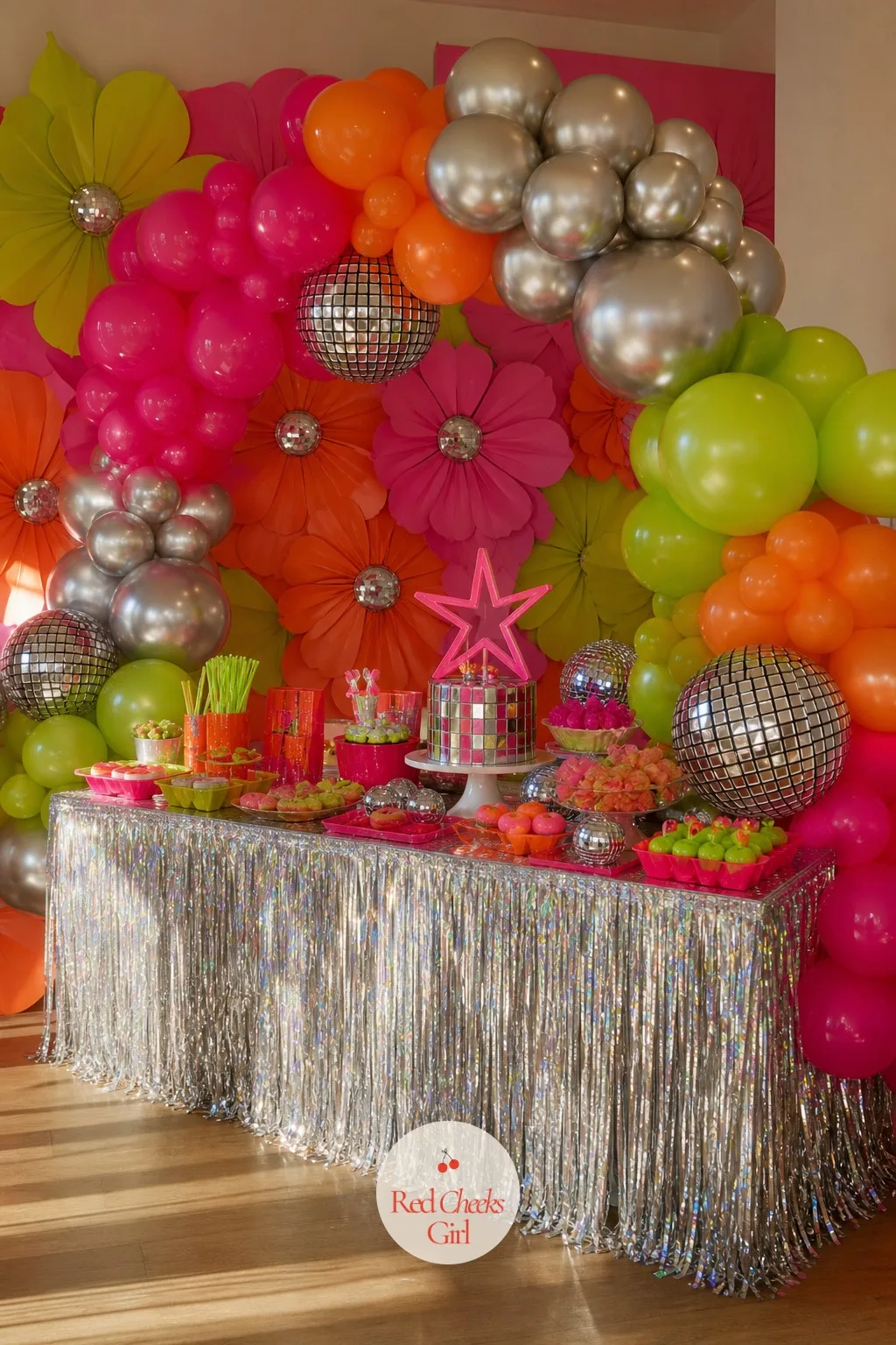 Neon Balloon Arch Over the Treat Table — A flat table of snacks reads as Tuesday lunch. Disco themed birthday party