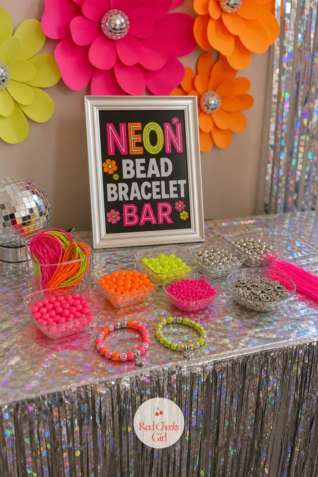Neon Bead Bracelet Bar — A table of loose beads looks like chaos waiting to happen until it is actually set up with trays and strung samples to copy. Disco