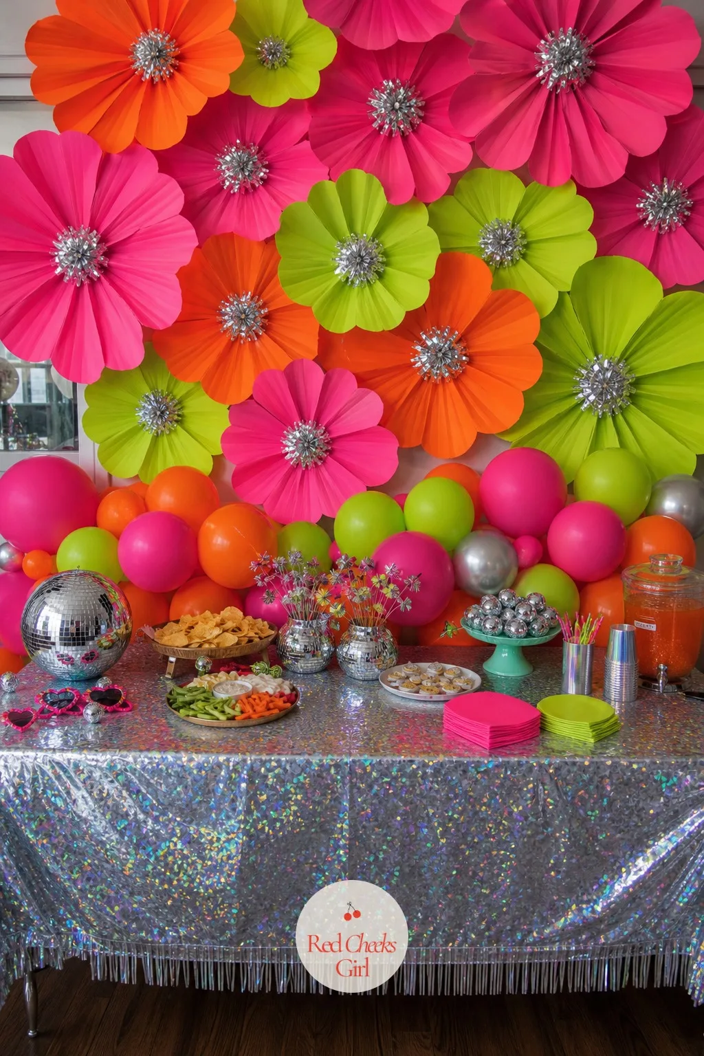 Oversized Groovy Flower Wall — Every kid at this party will plant herself in front of this wall before she even takes off her coat. Disco themed birthday party