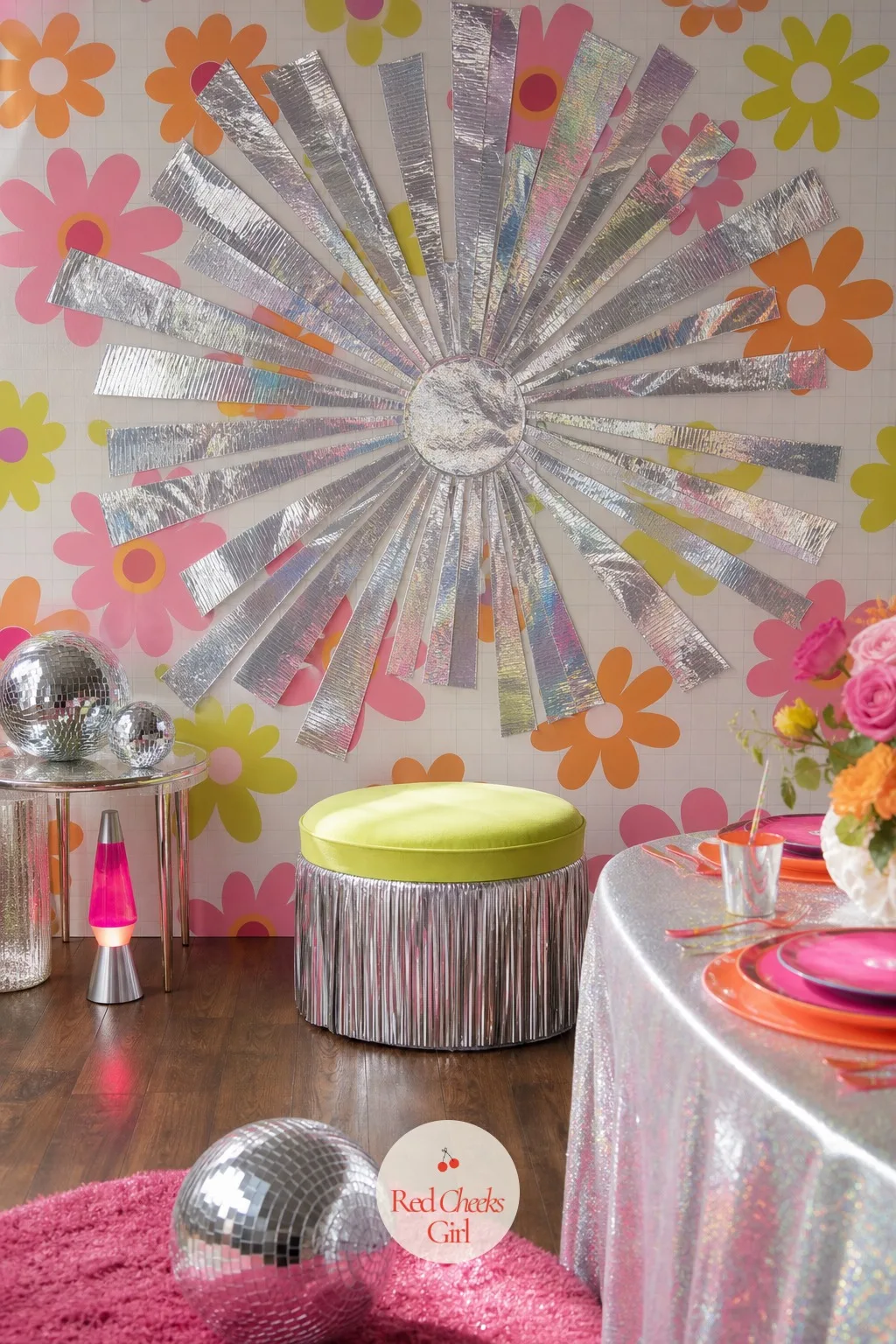 Silver Sunburst Photo Backdrop — Not every photo spot needs a flower behind it. Disco themed birthday party