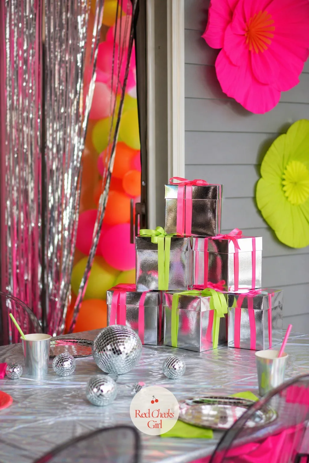 Silver Treat Boxes Tied with Neon Ribbon — Not every favor needs a bag. Disco themed birthday party