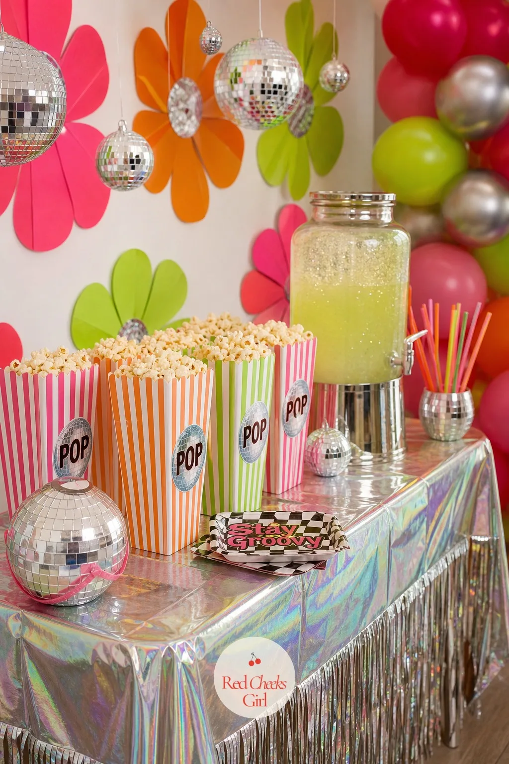 Snack Bar with Striped Popcorn Cups and Glitter Drinks — Nobody dances for two straight hours without refuelling, and a popcorn bar feeds a crowd faster than