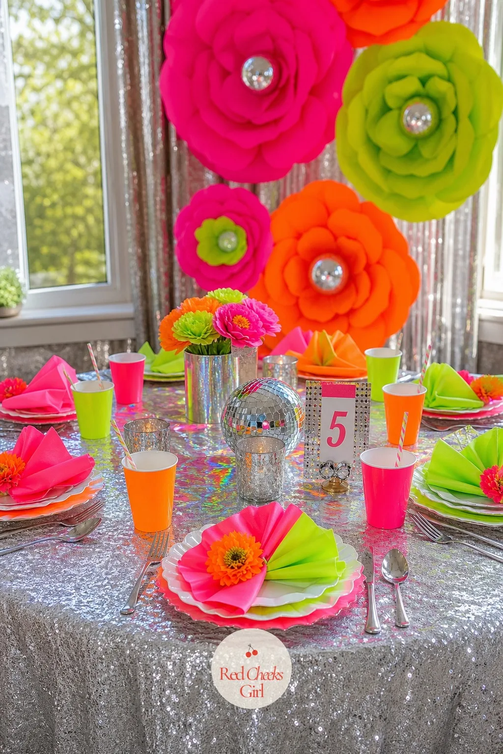 Tablescape: Silver Sequin Tablecloth with Neon Napkins — The table is where everyone actually sits, so it earns more than one quick wipe down. Disco themed