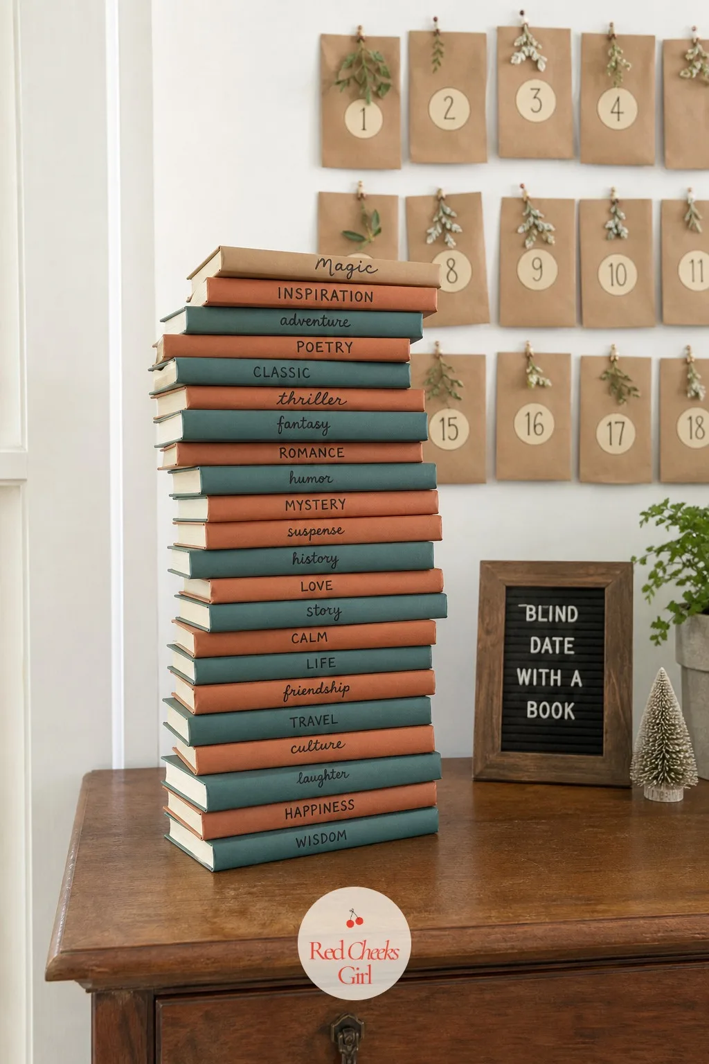 Blind Date With a Book Stack — For the reader on the list, or for yourself, twenty-four slim paperbacks get wrapped in alternating teal and clay paper with