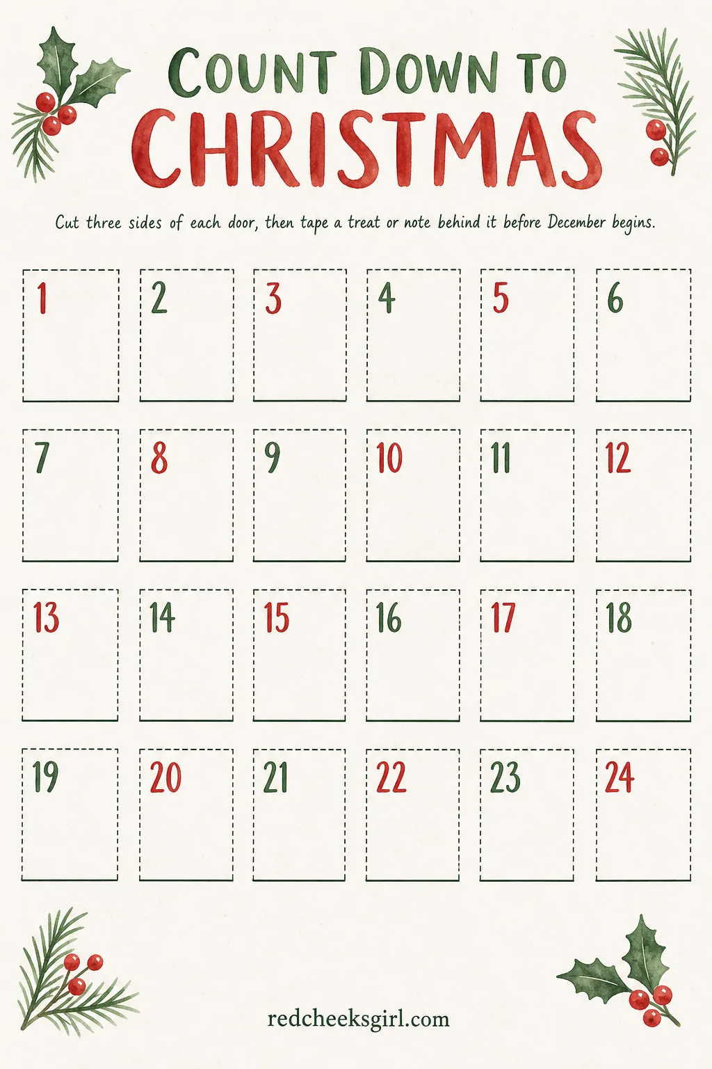 Printable Advent Door Grid printable sheet — This is the calendar itself, the kind with little numbered doors that get taped shut and torn open. Diy advent