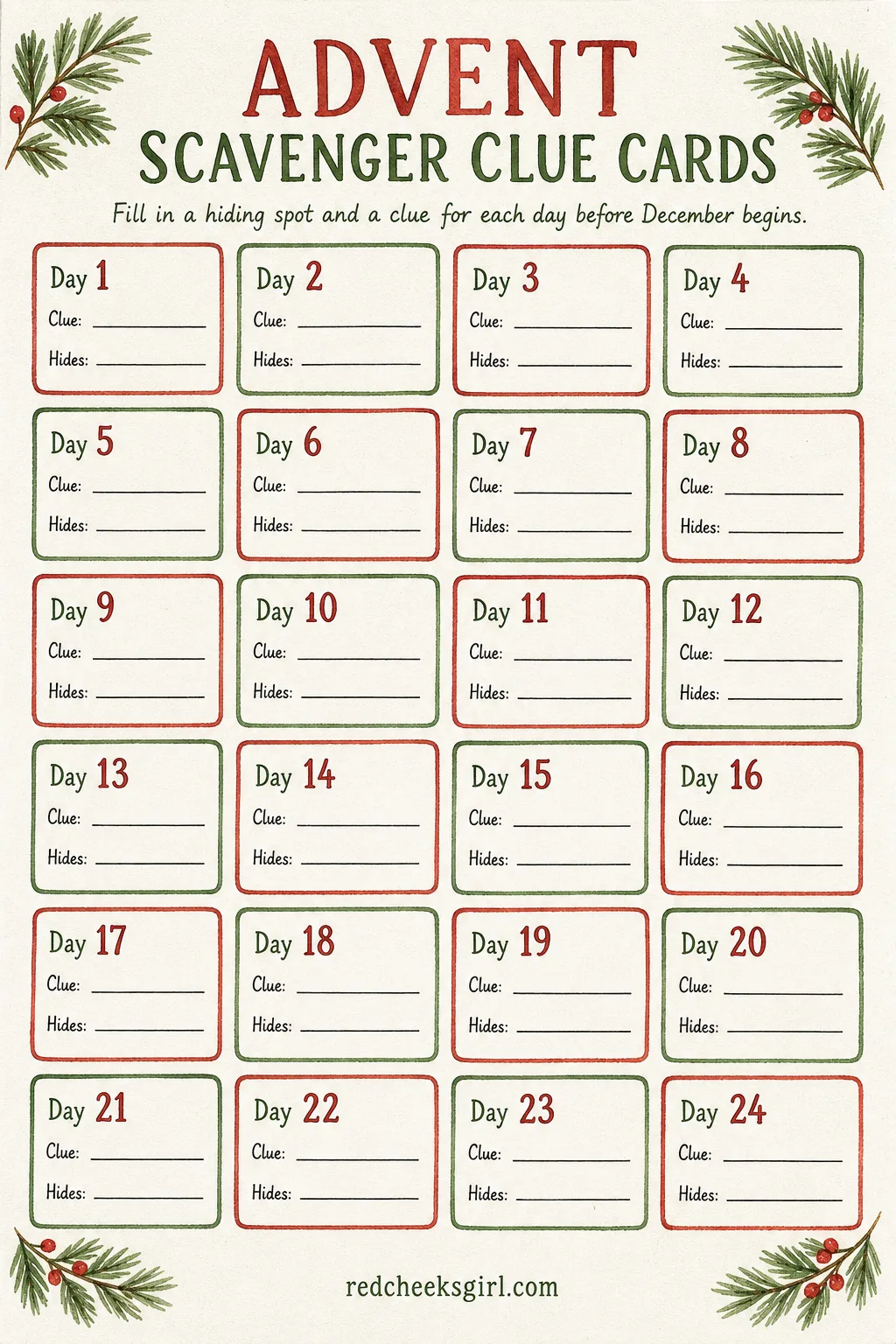 Printable Advent Scavenger Clue Cards printable sheet — Instead of a fixed spot, each day's treat is found rather than handed over, following one short clue
