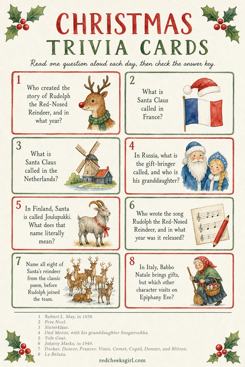 Printable Christmas Trivia Cards printable sheet — Eight short questions turn one week of the countdown into a quiz night at the breakfast table, read aloud