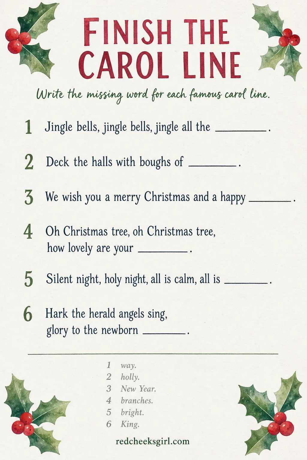 Printable Finish the Carol Line printable sheet — Six famous carol lines show up with the last word missing, and filling in the blank from memory turns five